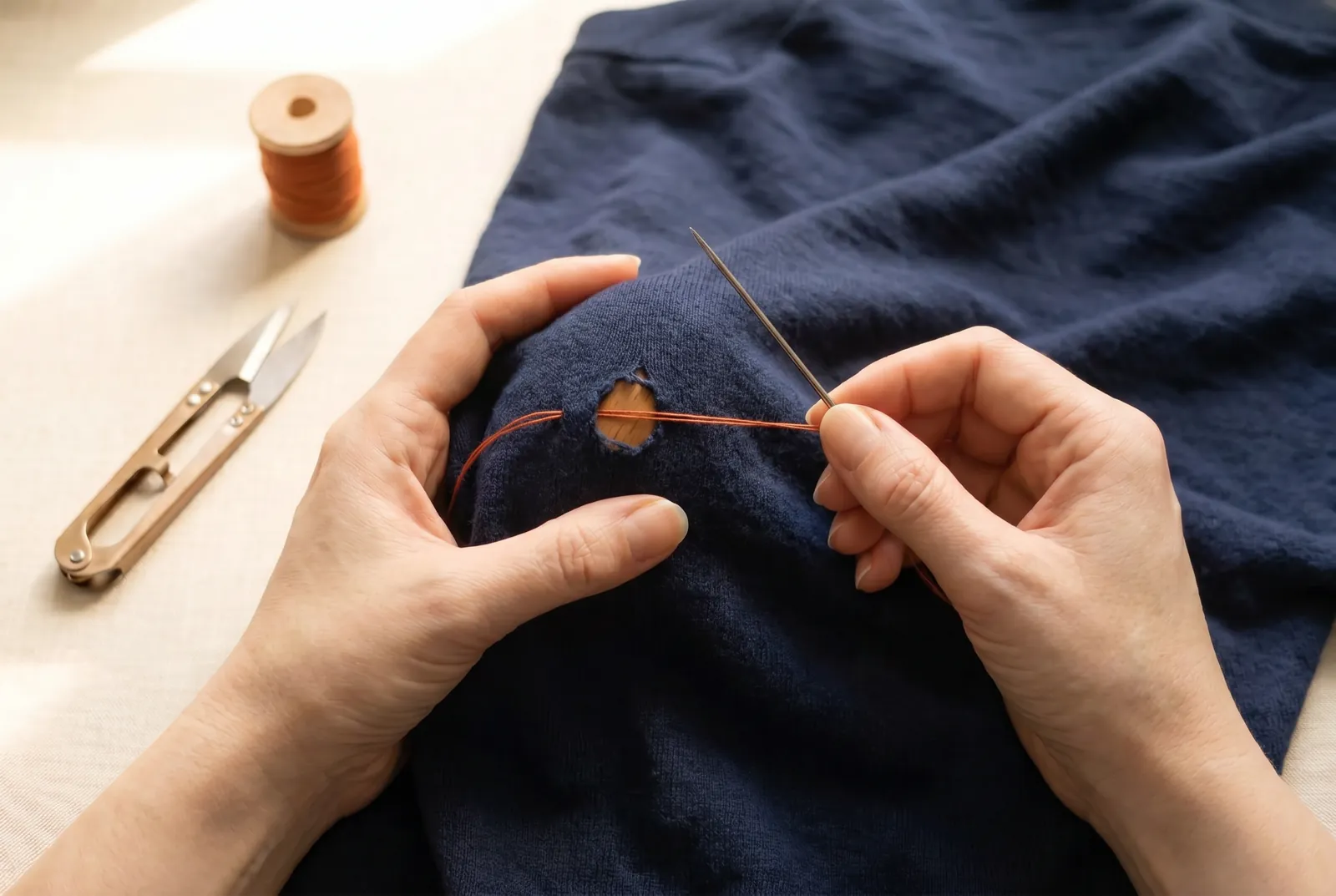 Photo: Starting in the sound knit about 6-13 mm (about 1/4 to 1/2 in) to one side of the hole, run the needle in and out along the knit, taking up one or two threads…