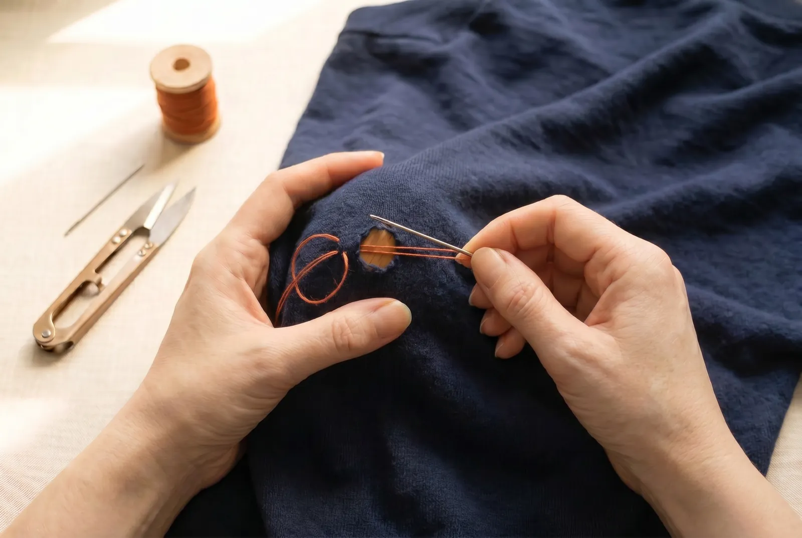 Photo: Turn and come back close beside the first strand, about a thread's width away, and keep laying parallel strands until they span the whole hole.