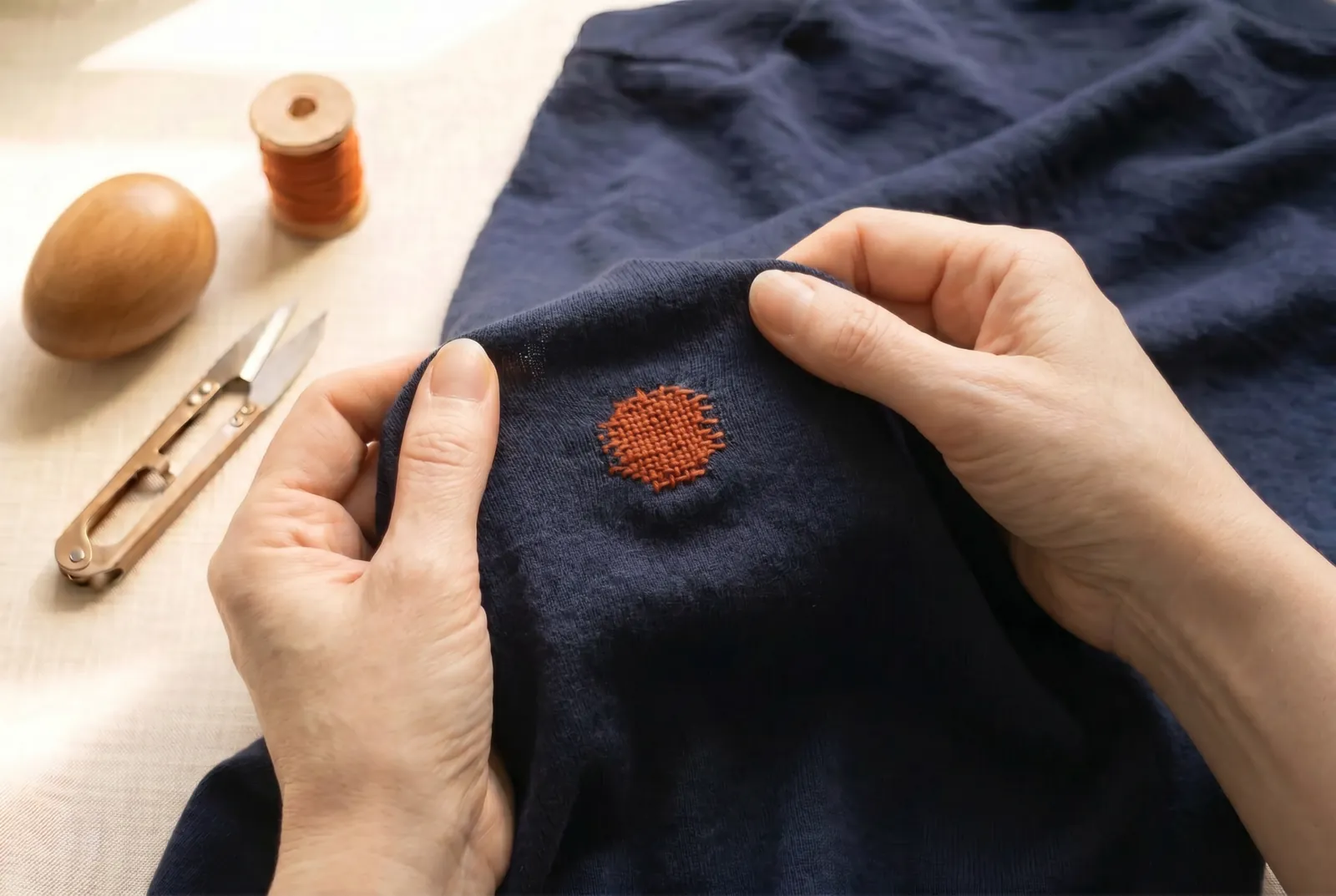 Photo: Slip the darning egg out and gently stretch the mend in every direction; the darn should give with the knit.