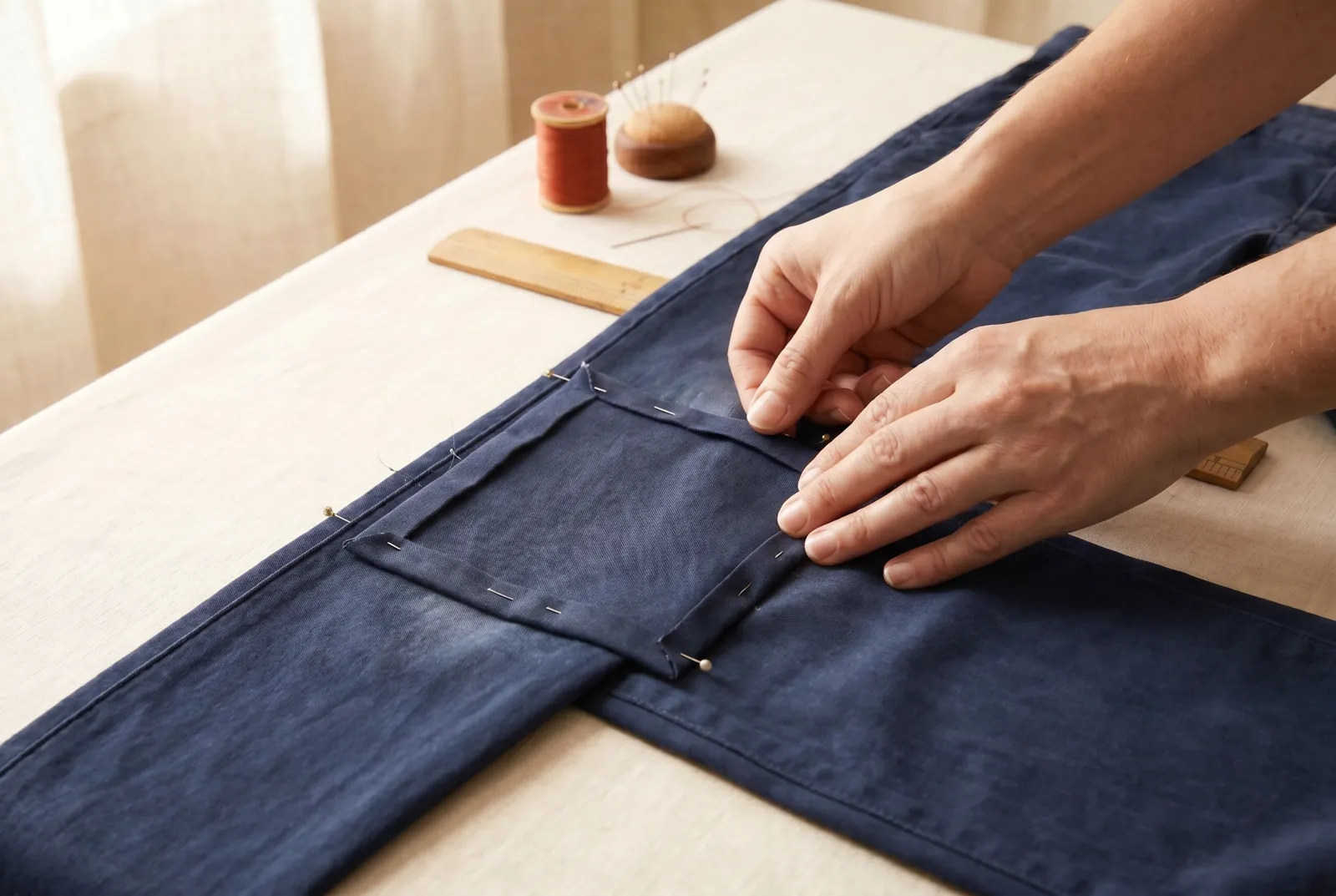Photo: Lay the patch on the wrong side of the trouser knee, its right side against the cloth and centered over the worn place, so the folds face outward and lie hidde…