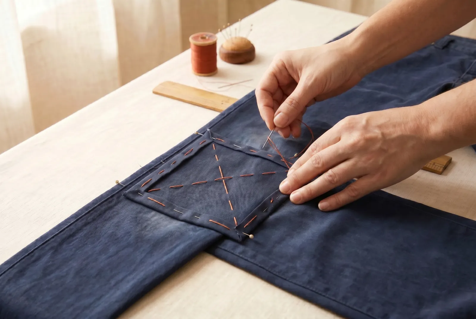 Photo: Baste the patch down with a line through the middle each way and a line around the edges, running the basting along a thread.