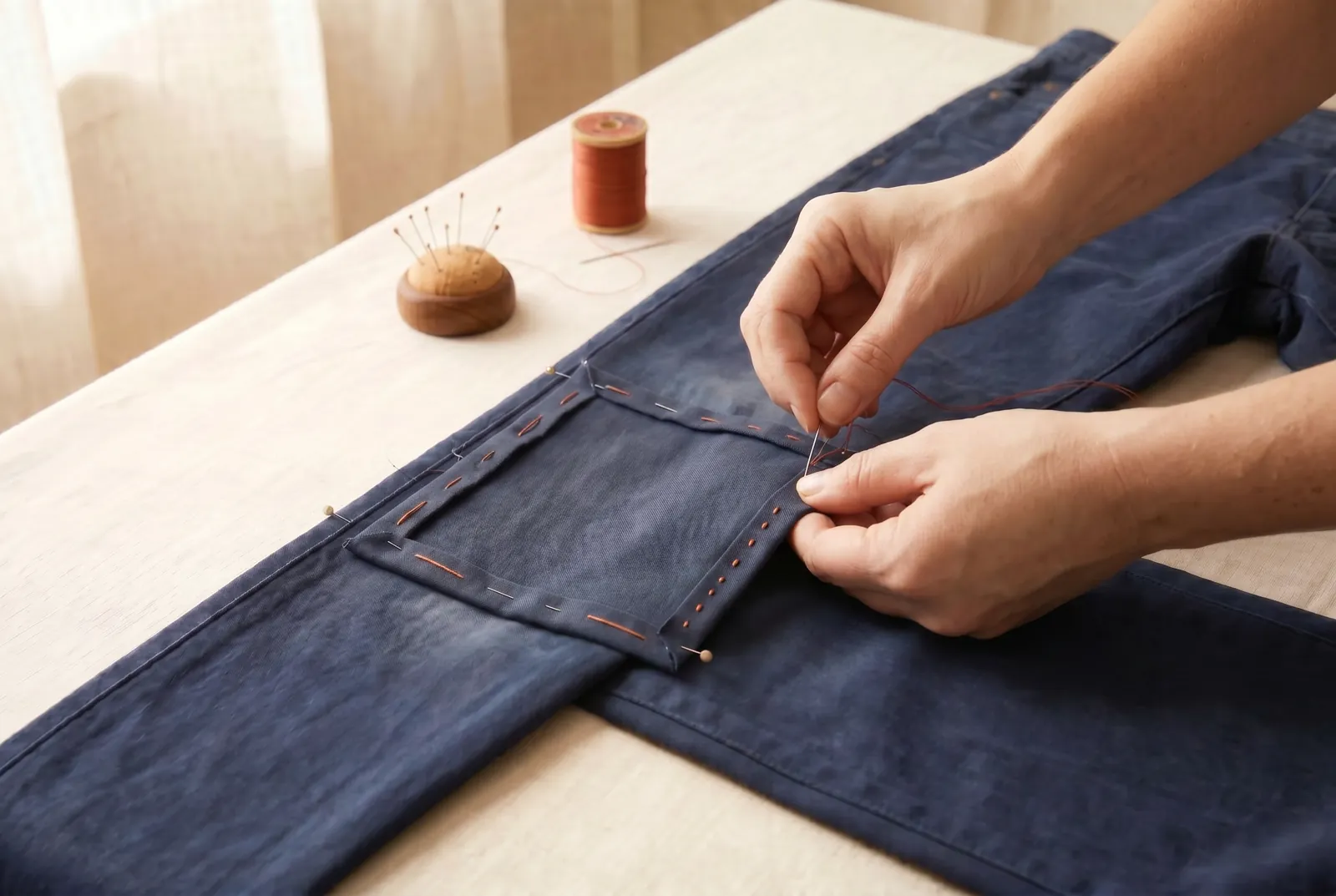 Photo: Working on the wrong side, hem the folded edge of the patch to the trousers all around with fine, close hemming stitches.