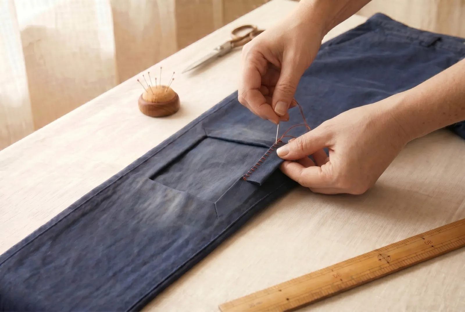 Photo: Turn the raw edges of the opening under toward the patch and crease them.