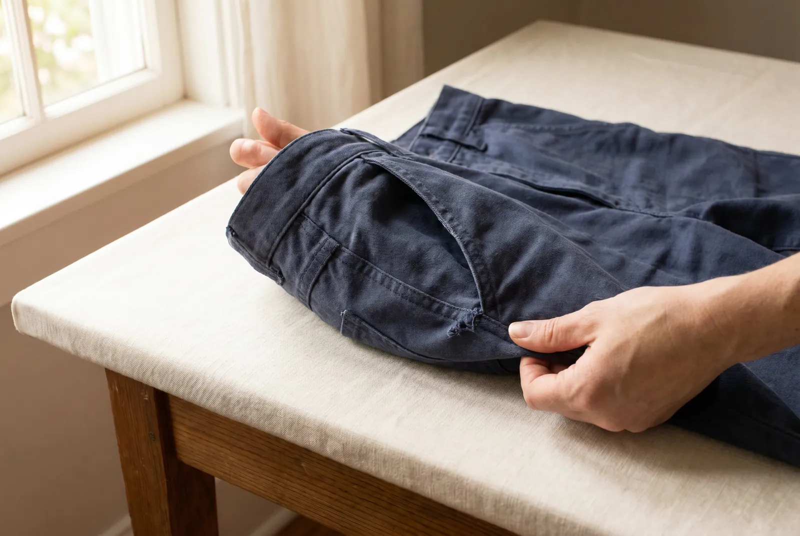 Photo: Turn the garment inside out and find the pocket corner that is pulling loose or growing thin.