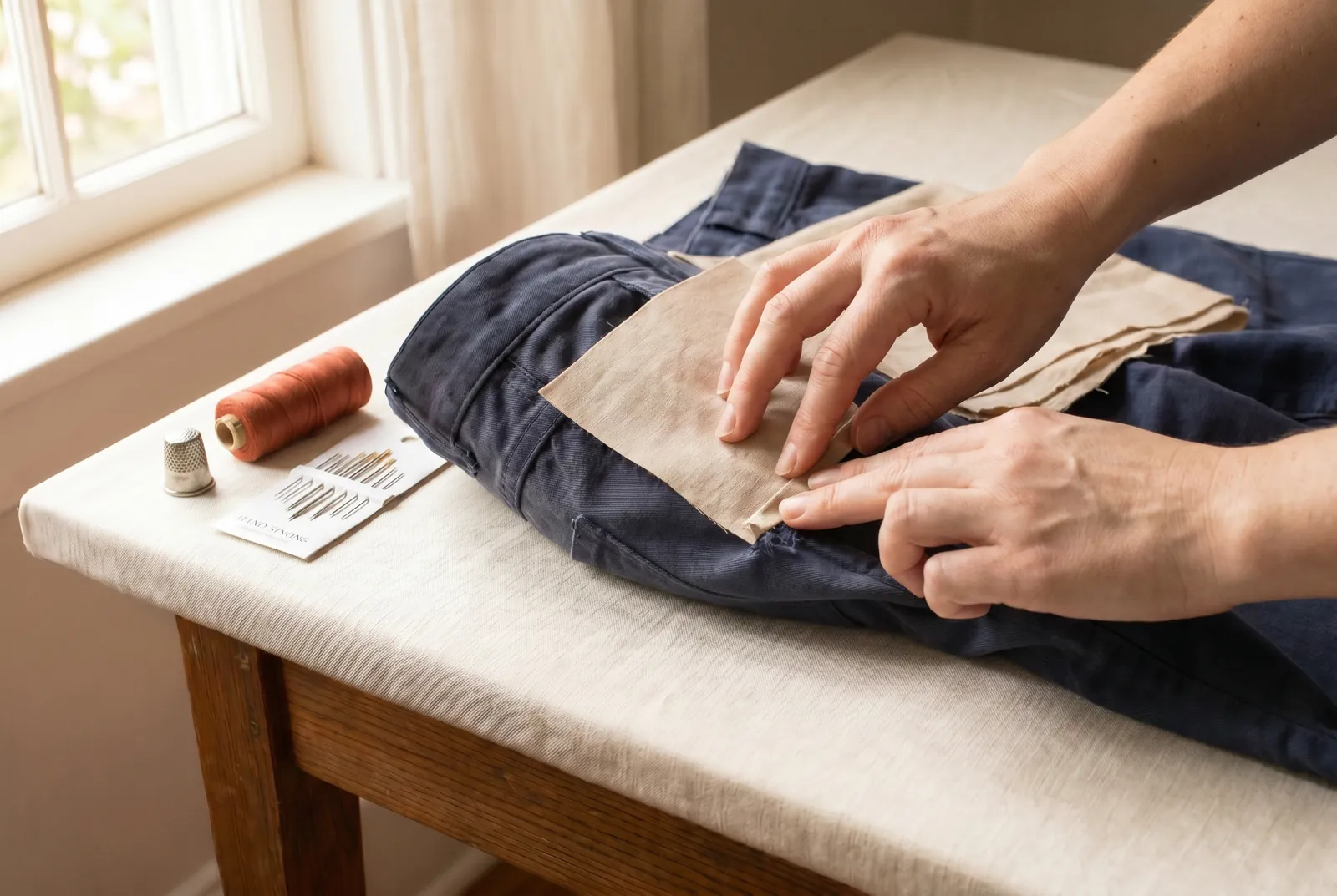 Photo: If the scrap frays, turn each raw edge under about 3 mm (1/8 in) and finger-press it flat before sewing.