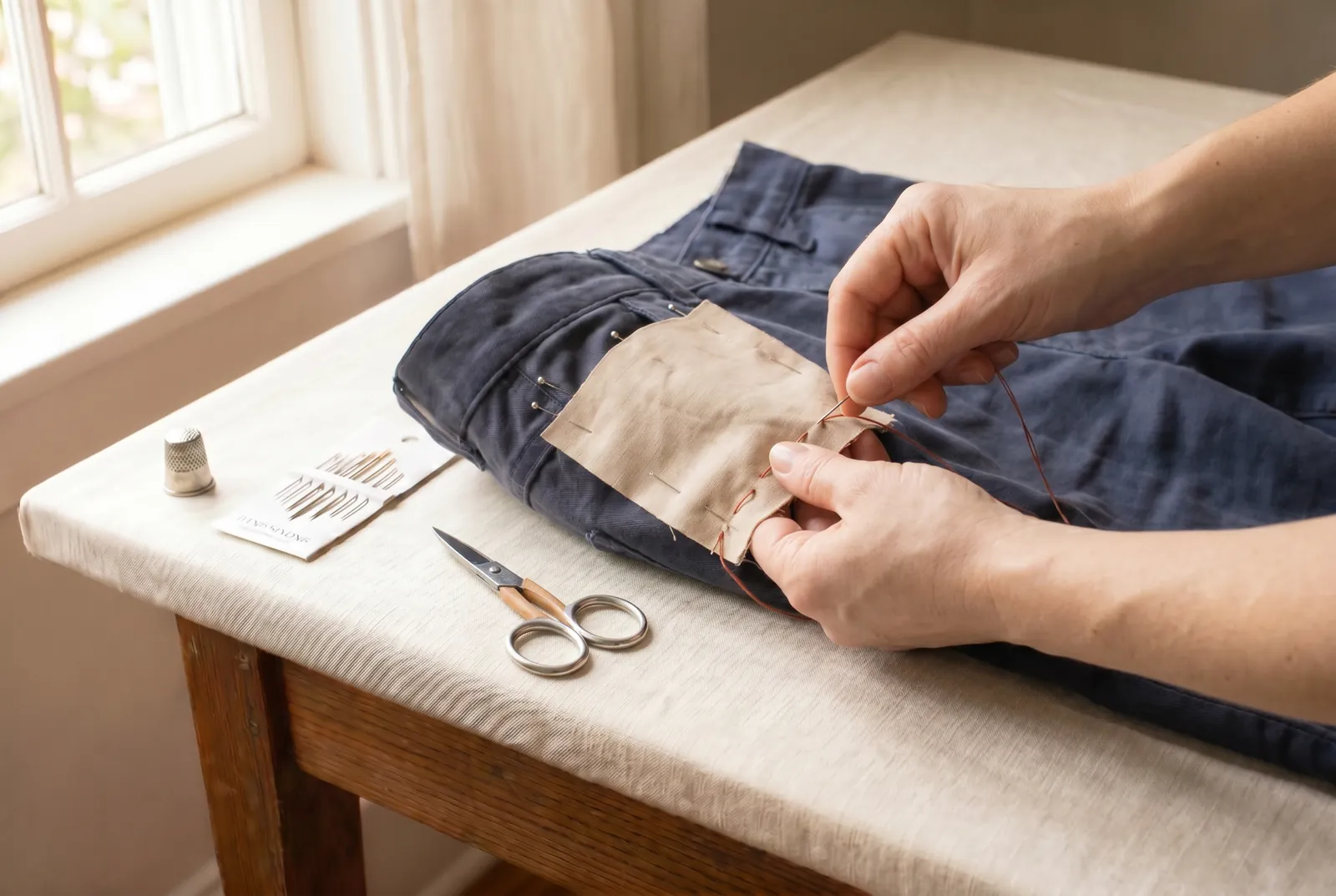 Photo: Lay the stay over the corner on the wrong side, its grain running the same way as the garment's.