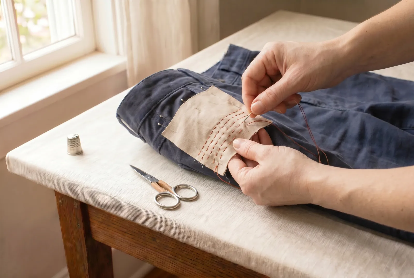 Photo: Sew parallel rows of running stitch across the whole stay, 6 to 13 mm (1/4 to 1/2 in) apart, each row catching both the stay and the garment.