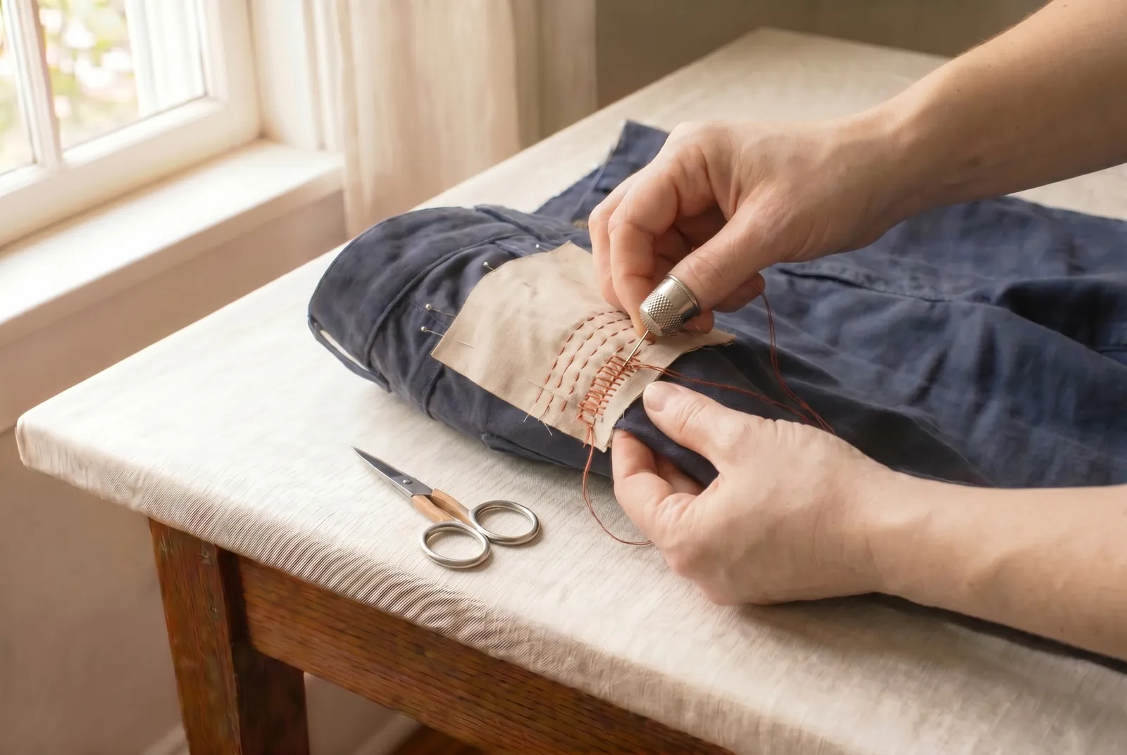 Photo: At the pocket corner itself, work a bar of stitching back and forth over the strained point — several short stitches laid side by side along the same line unti…