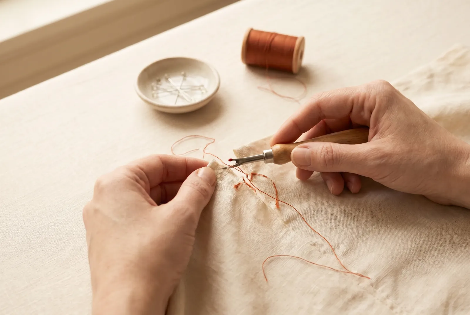 Photo: Pick out the broken and loose stitches through the ripped section only, back to where the old stitching is still firmly anchored at each end — leave the sound…