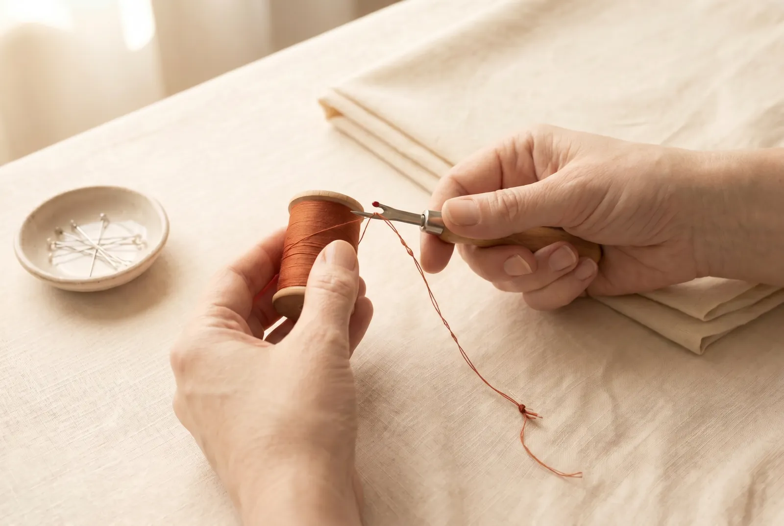 Photo: Cut about 45 cm (18 in) of strong thread to match the garment and knot one end.