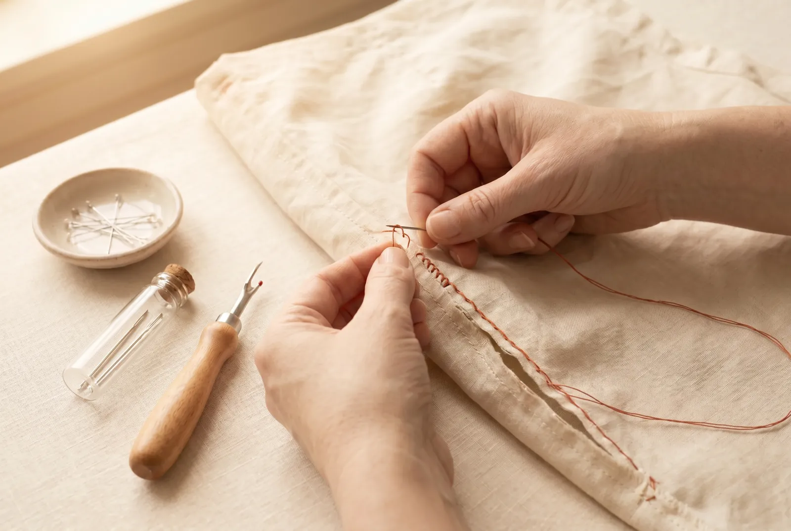 Photo: Close the rip along the crease with a secure, locking backstitch, not a plain running stitch, which pulls open again under the strain that tore the seam.