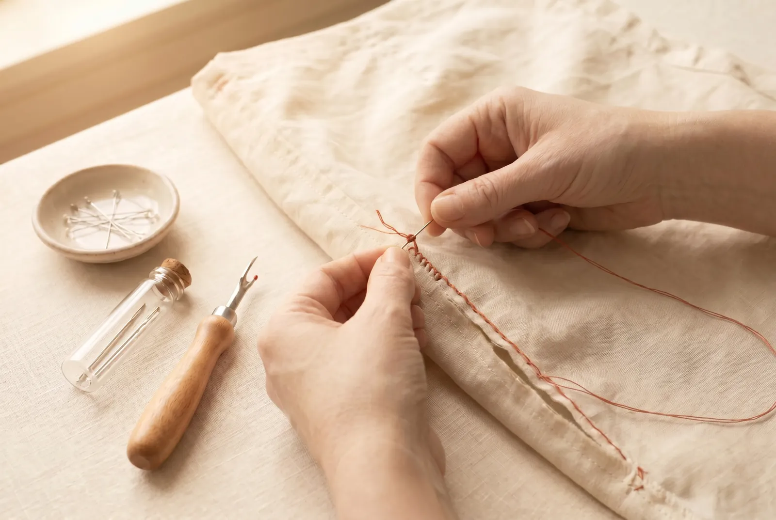 Photo: Secure the finishing end: work three or four stitches back over your last few, then knot the thread against the fabric and clip the tail short.