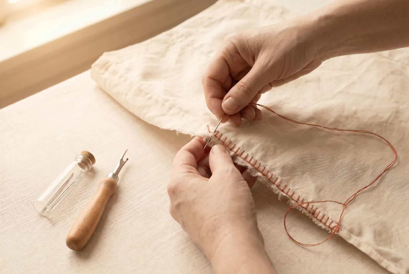 Photo: If the tear left frayed raw edges in the seam allowance, finish them so they do not ravel again: overcast each edge separately — slanting stitches carried over…