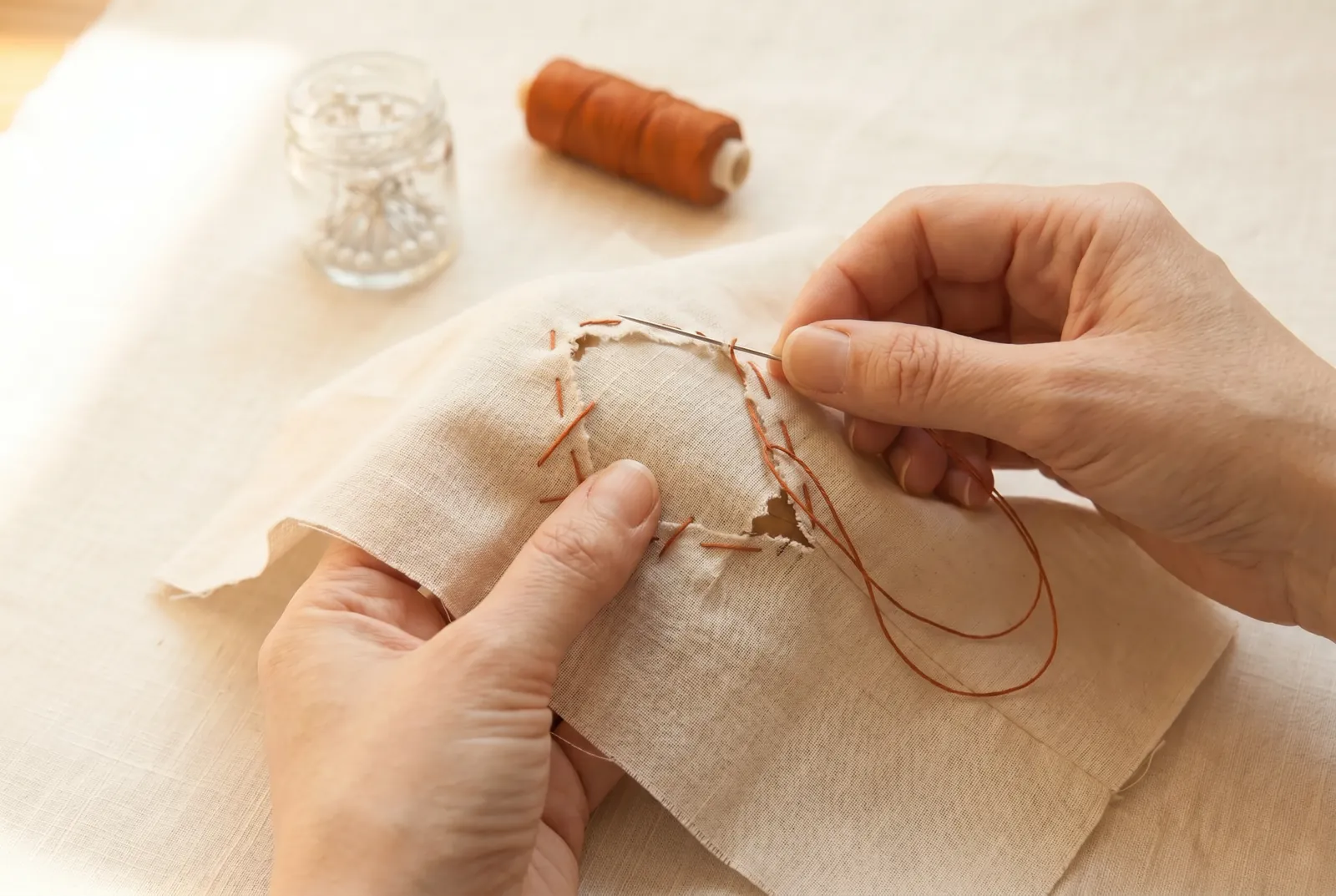 Photo: Baste the stay to the wrong side of the garment, centered under the tear and lying flat, so your darning stitches will catch it as you work.