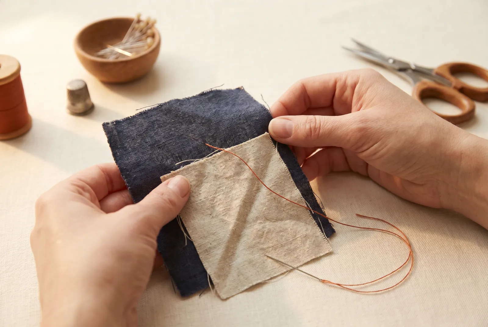 Photo: Basting is a temporary line of long stitches that holds two pieces of cloth in position while the permanent stitching is worked.