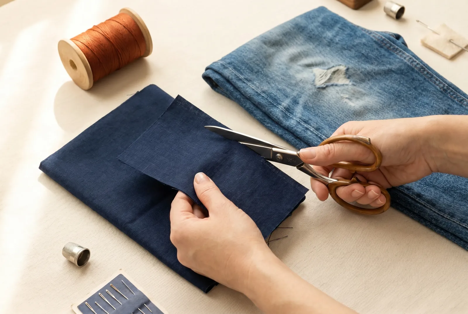 Photo: Cut the backing stay from firm cotton or denim, on the straight grain, at least 3 cm (1.2 in) larger than the worn area on all sides.