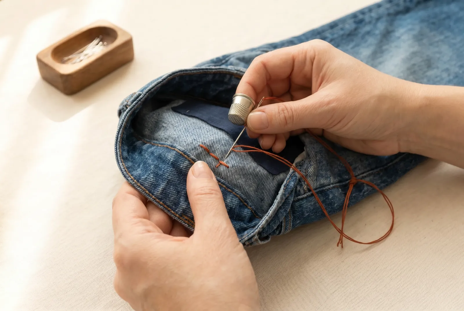 Photo: Turn the jeans right side out to stitch.