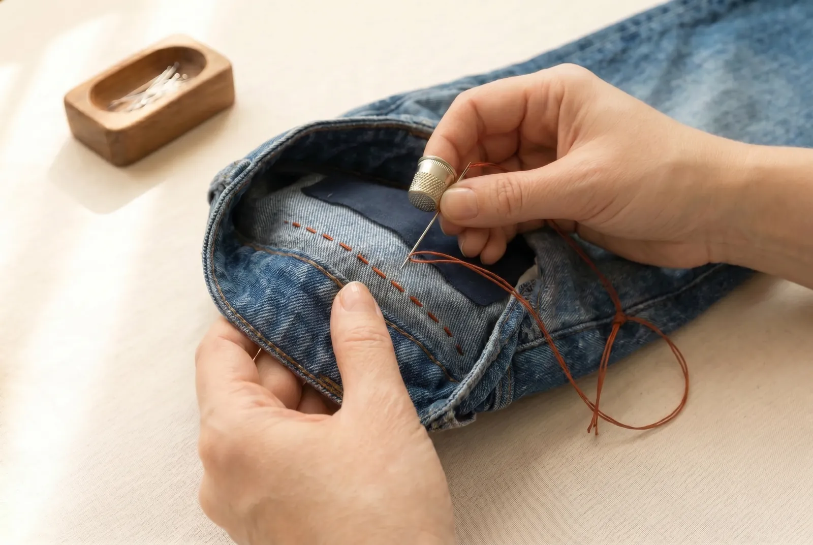 Photo: Work the first row straight across the mend as a line of running stitches, passing the needle down and up through all layers and keeping the stitches small and…