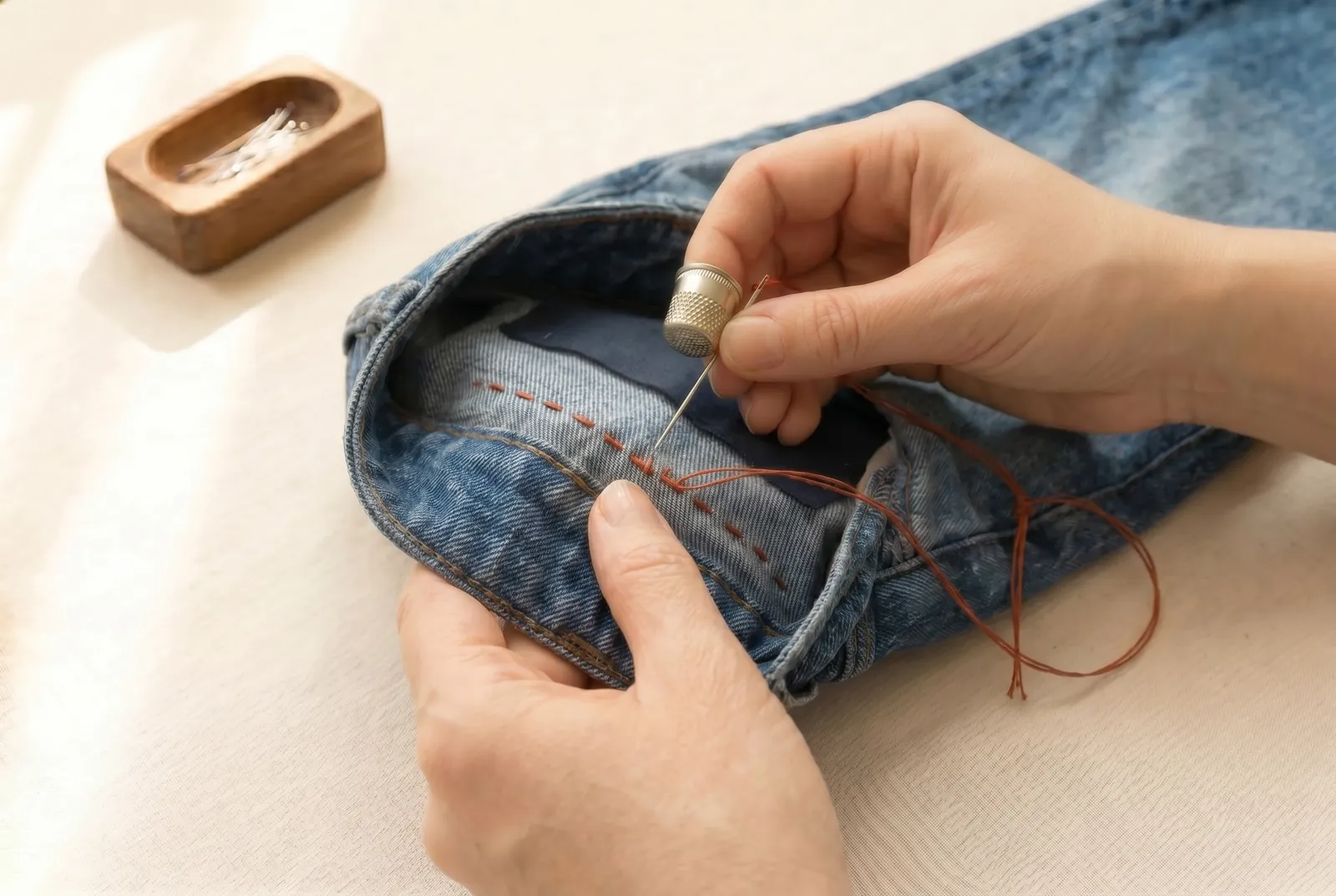 Photo: Stitch the next row parallel to the first, a needle's width away, and keep filling the area row by row with the same small, even stitches.
