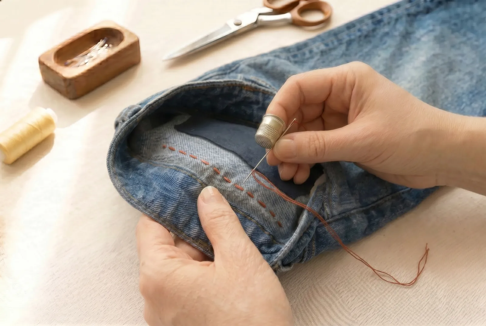 Photo: Finish the last row the way you began: fasten off within the layers without a knot, running the needle between the cloth for about 2.5 cm (1 in) before you cut…