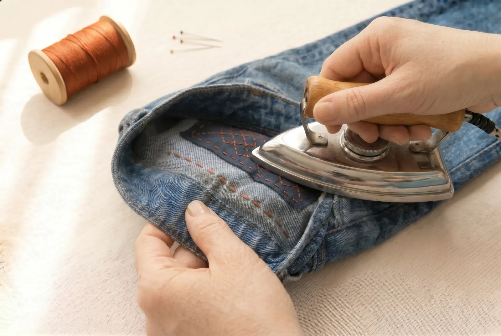 Photo: Press the finished mend on the wrong side while the basting is still in place, laying the work face down so the rows of stitching are not flattened shiny.