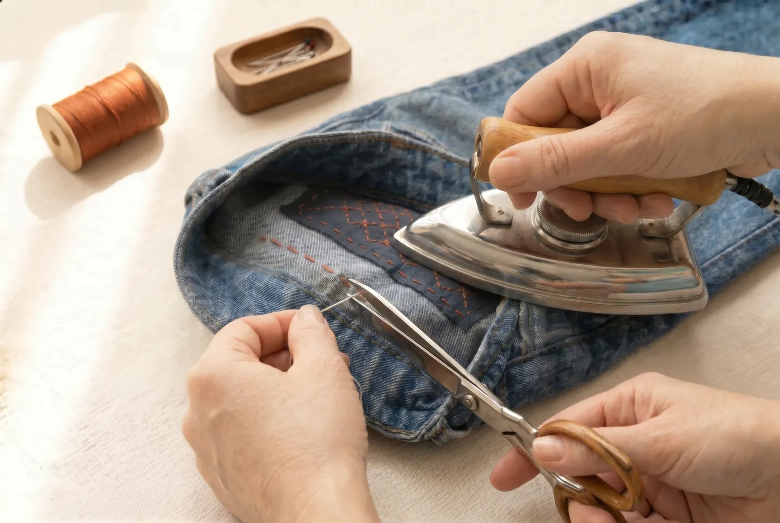 Photo: Draw out the contrasting basting thread now that the rows hold the stay in place, then press the mend once more.
