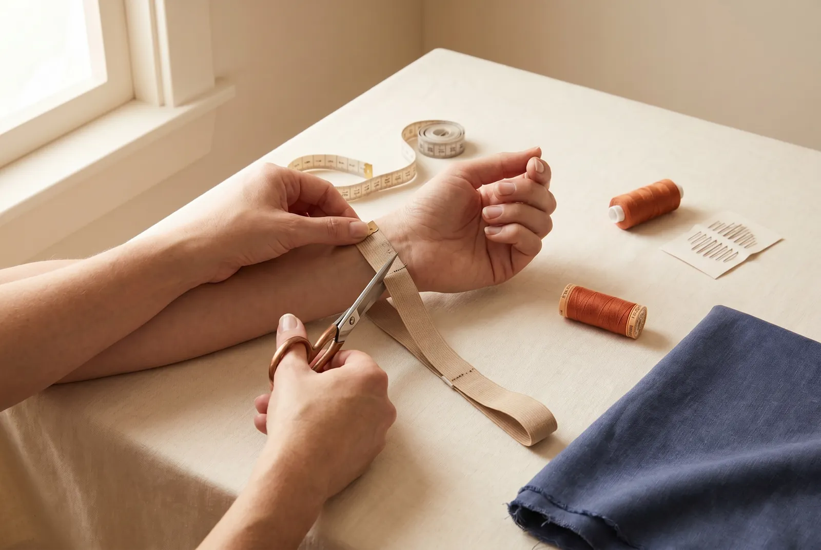 Photo: Measure the elastic against the body part it must fit — the waist, wrist, or ankle — and cut it to sit snugly without digging in, then add 1.3 cm (1/2 in) for…