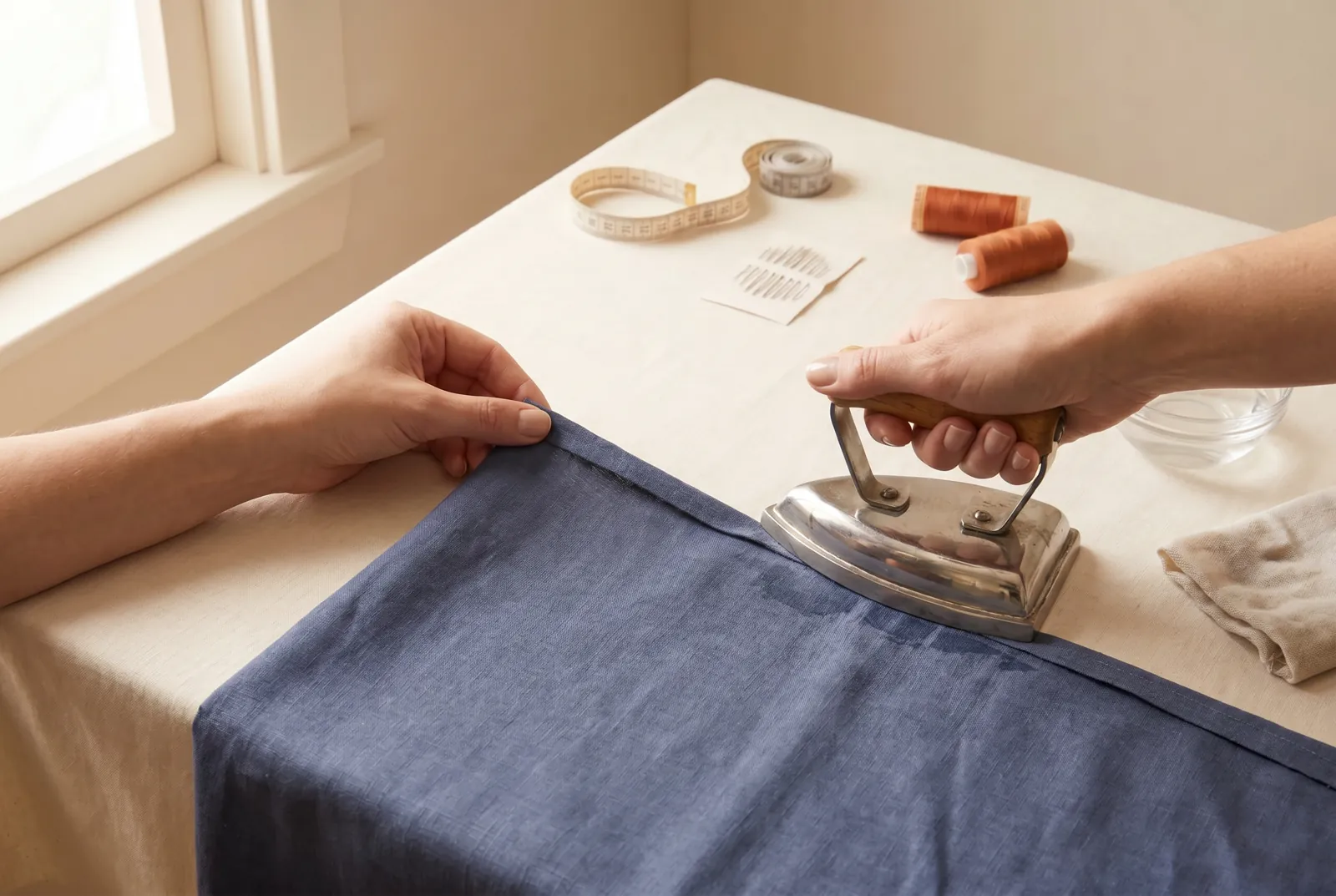 Photo: Turn the raw edge of the garment to the wrong side by 6 mm (1/4 in) and press the fold flat; cotton takes a hot iron and may be pressed damp.