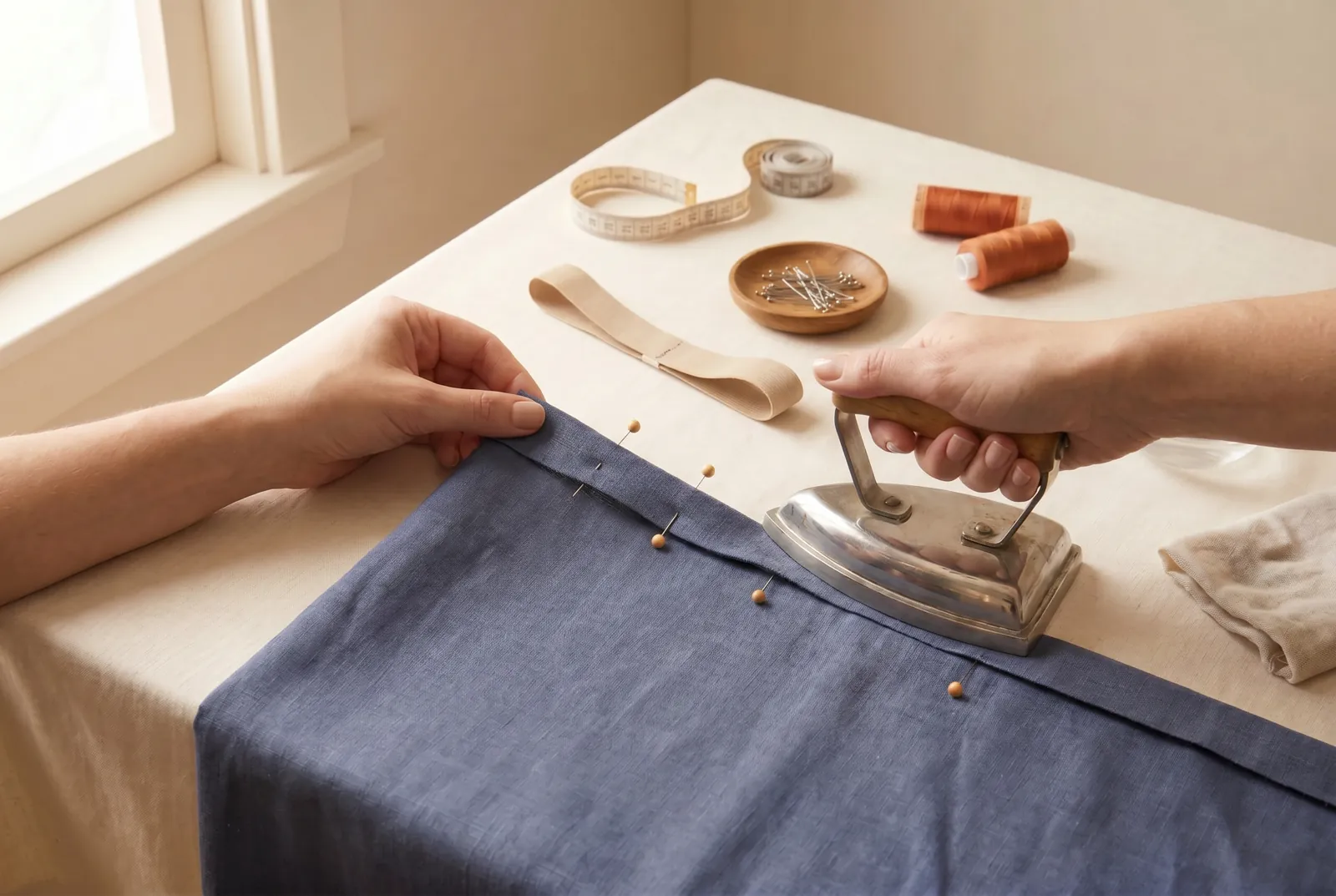 Photo: Turn the pressed edge over a second time, making this fold a little wider than your elastic, press it, and pin it down.