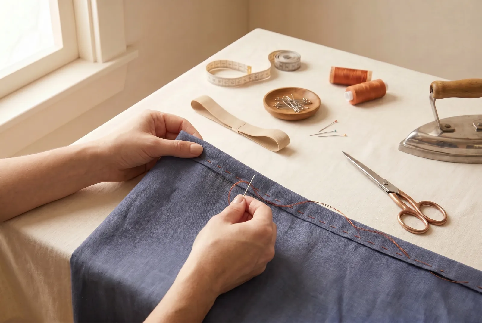 Photo: Stitch a steady line along the lower fold all the way around, but stop short and leave a gap of about 2.5 cm (1 in) unstitched.