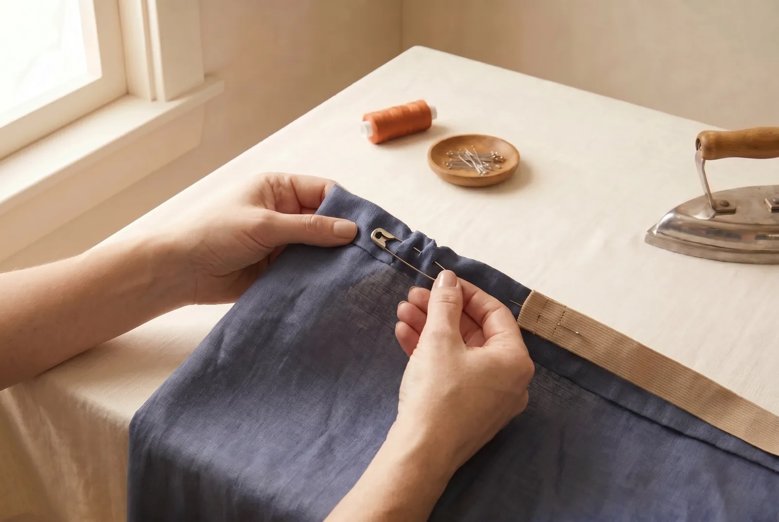 Photo: Feed the bodkin in at the opening and work it through the whole casing, pushing the cloth back off the pin and gathering it behind you, until the bodkin comes…