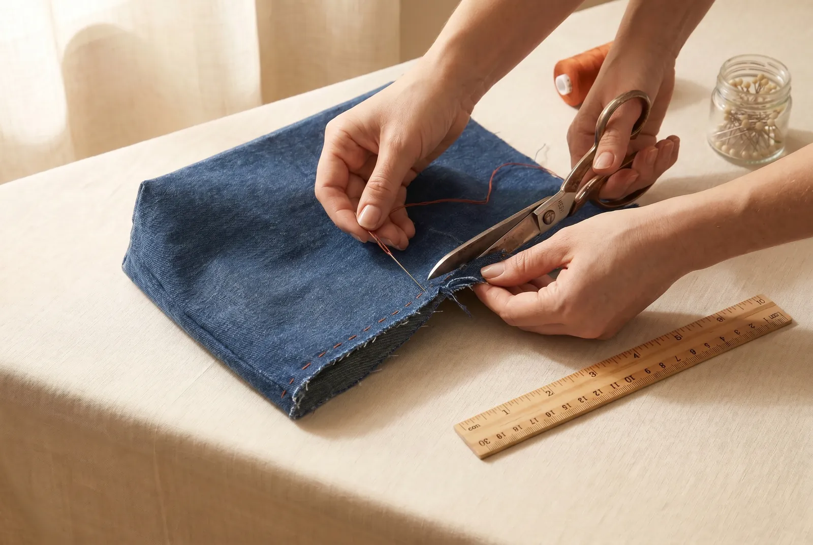 Photo: Sew each of the two side seams with a narrow line of stitching 3 mm (1/8 in) from the raw edge, working on the outside of the bag.