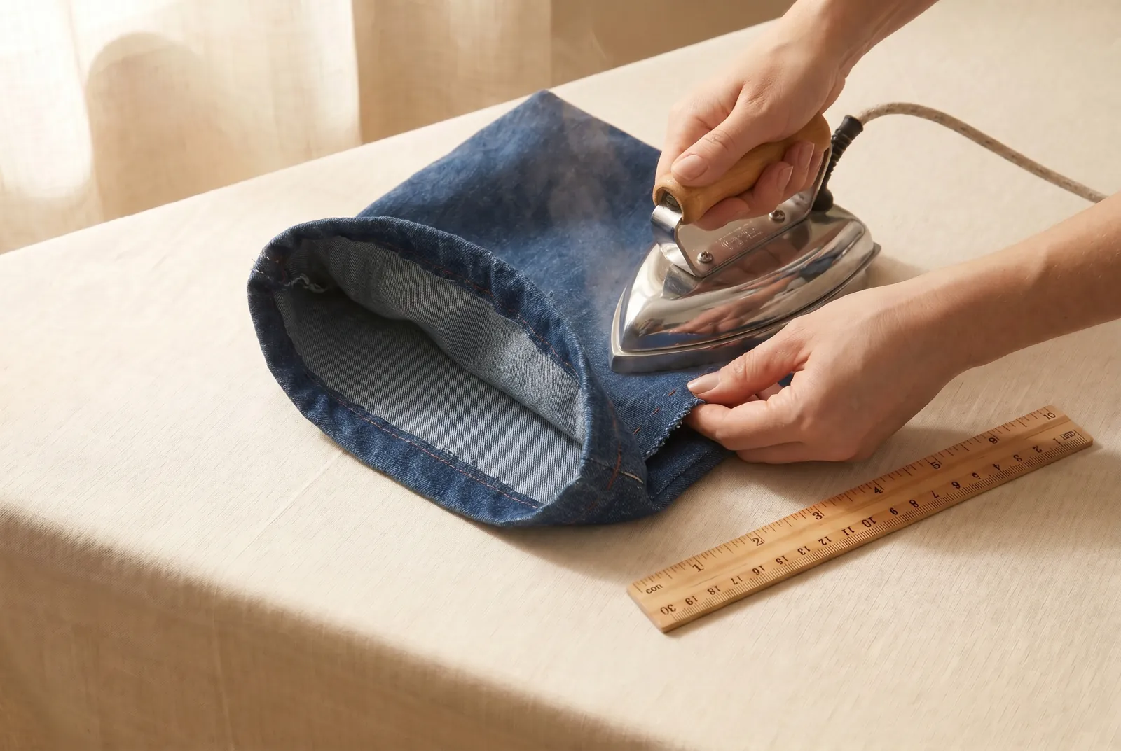 Photo: Turn the bag wrong side out and crease each seam exactly on the line you stitched, so the first seam sits right on the folded edge; press the crease flat, sinc…