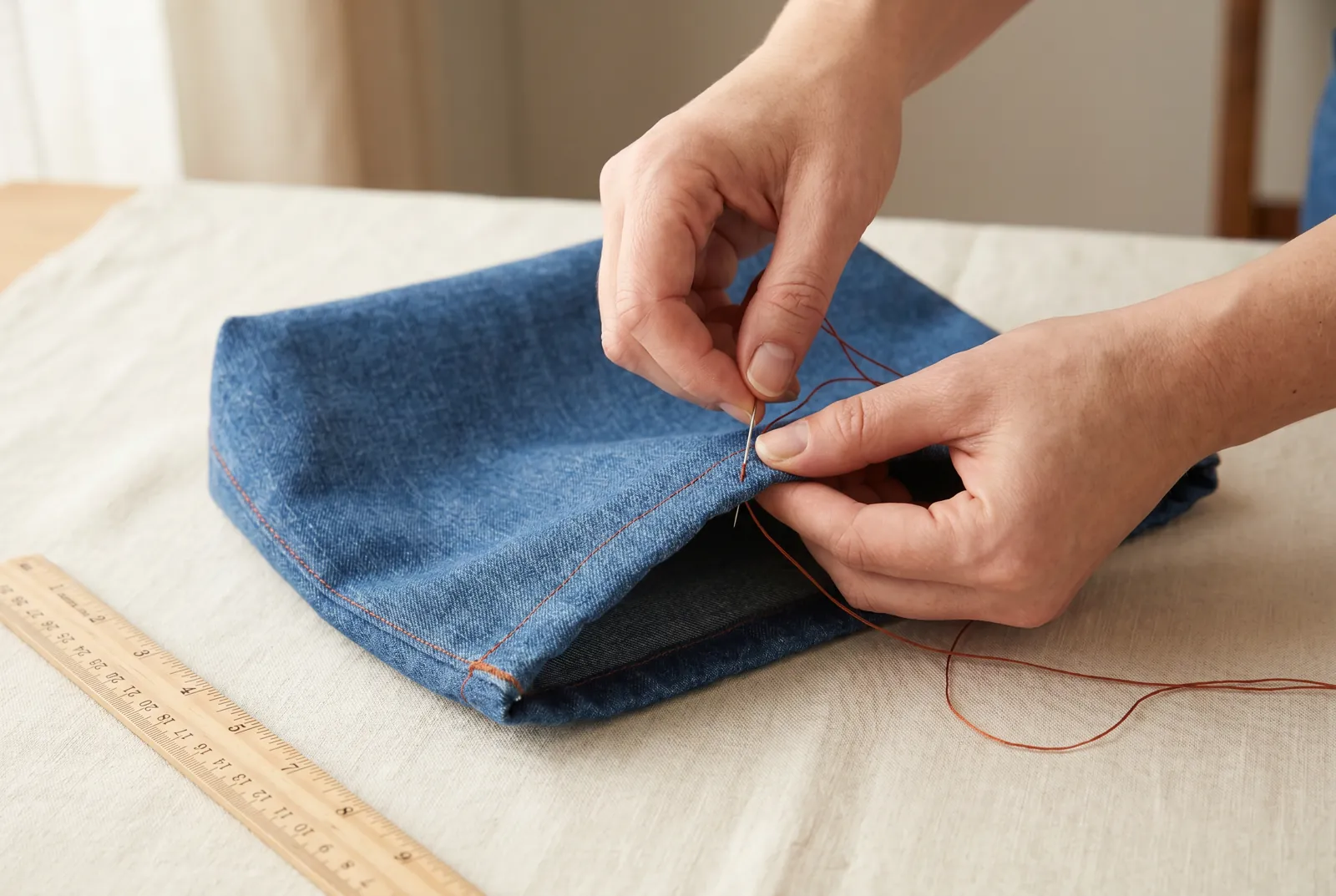 Photo: Leave the top 4 cm (1 1/2 in) of each side seam unstitched — these two openings must fall in the band that will become the casing.
