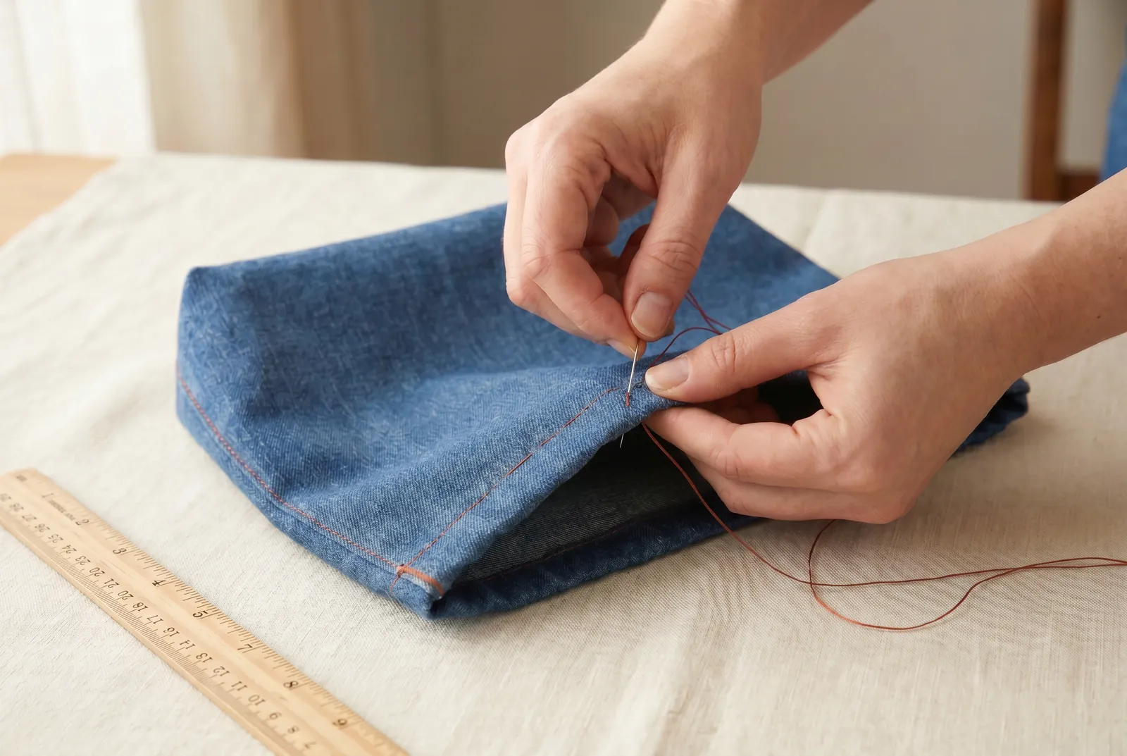 Photo: Turn the top edge of the bag to the wrong side 6 mm (1/4 in), then turn it again 3 cm (1 1/4 in).