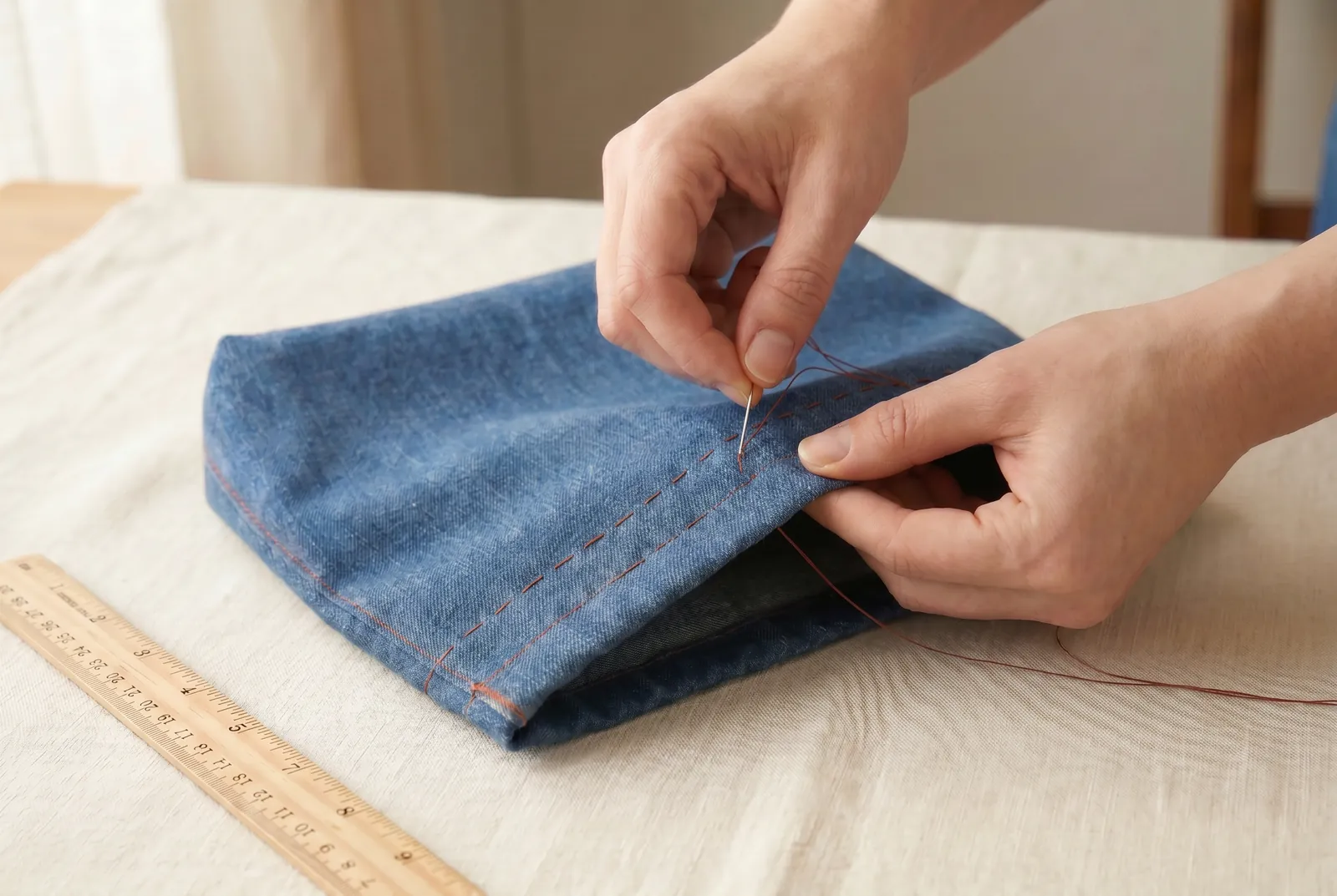 Photo: Sew a second row of stitching 1.3 cm (1/2 in) above the first row, all the way around the bag.