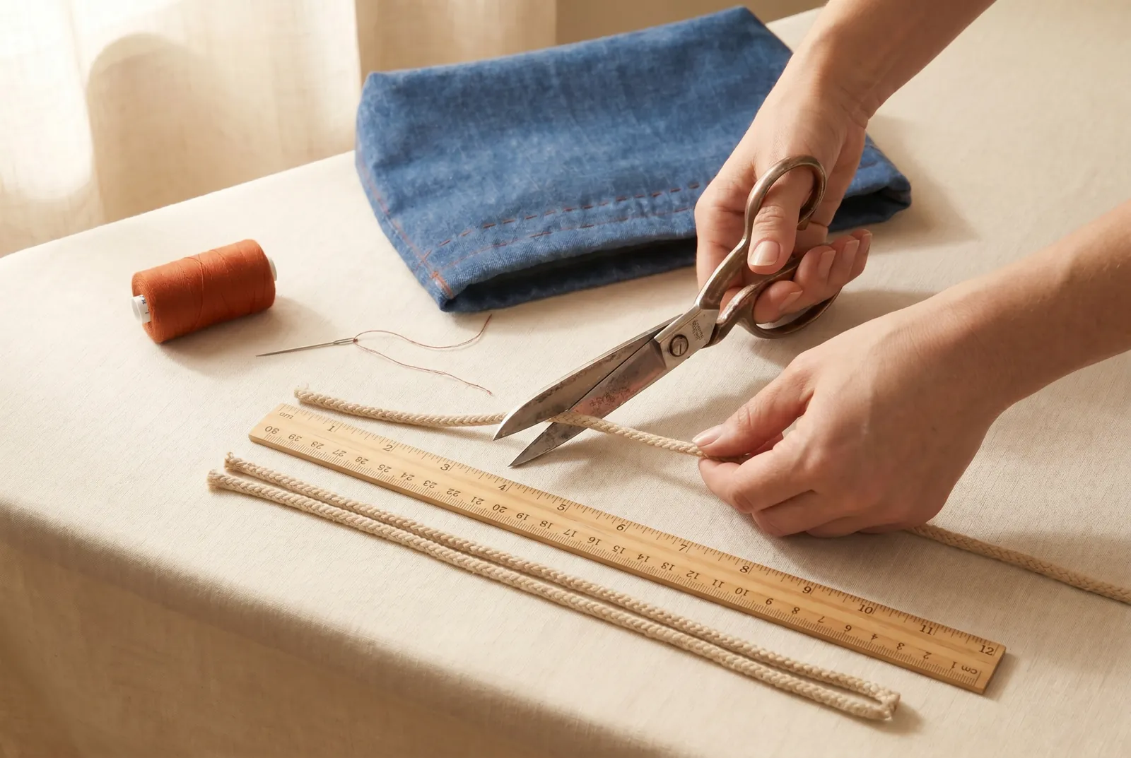 Photo: Cut two drawstrings from tape, braid, or cord, each about 60 cm (24 in) long.