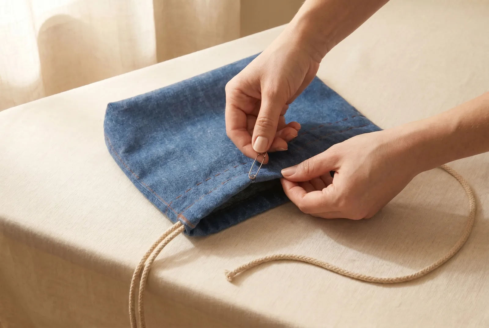 Photo: Fasten one drawstring to a bodkin or a small safety pin, then run it in through one side opening, all the way around the bag inside the casing, and back out th…