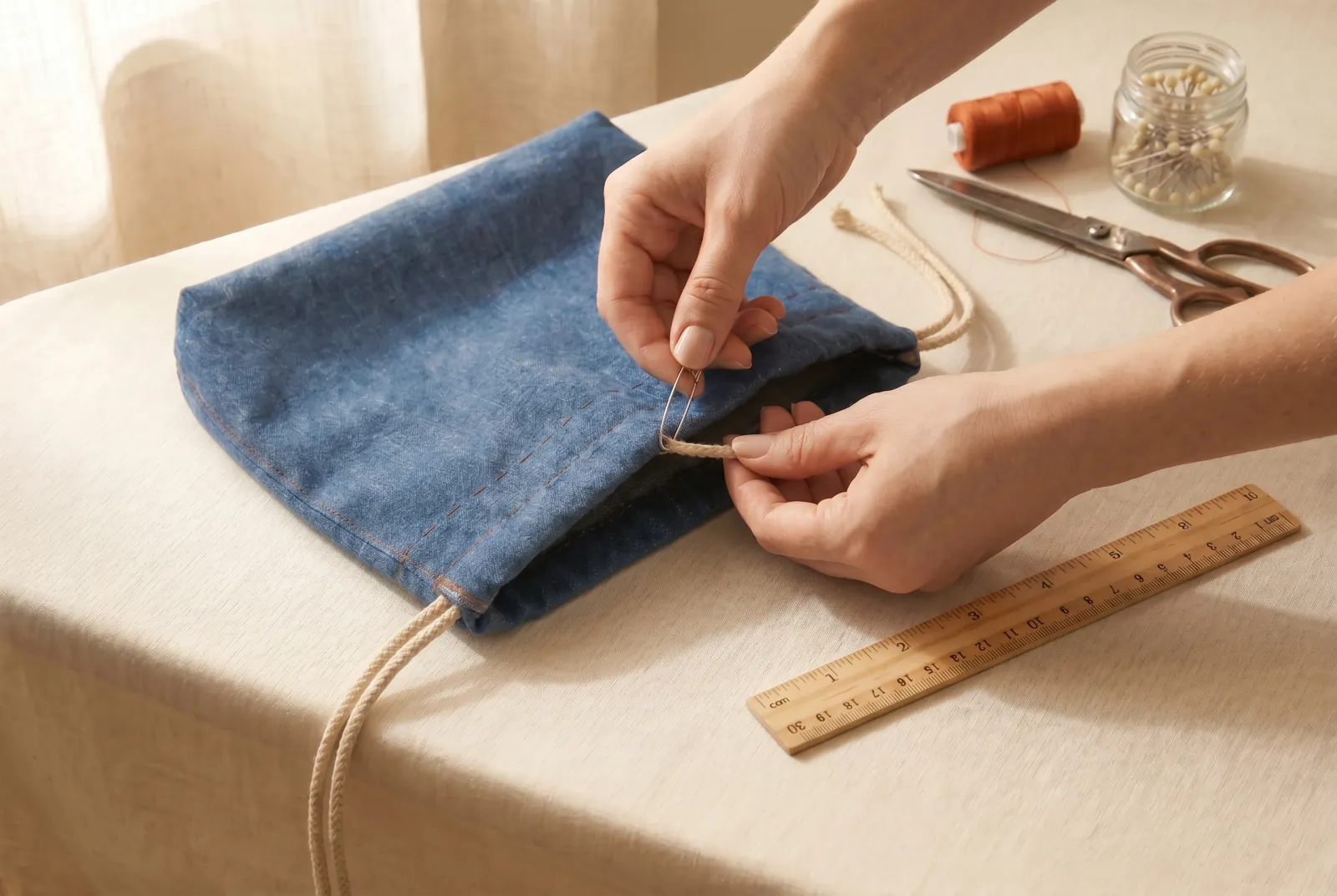 Photo: Run the second drawstring around the casing the same way, but start it from the opening on the opposite side, and join its two ends.