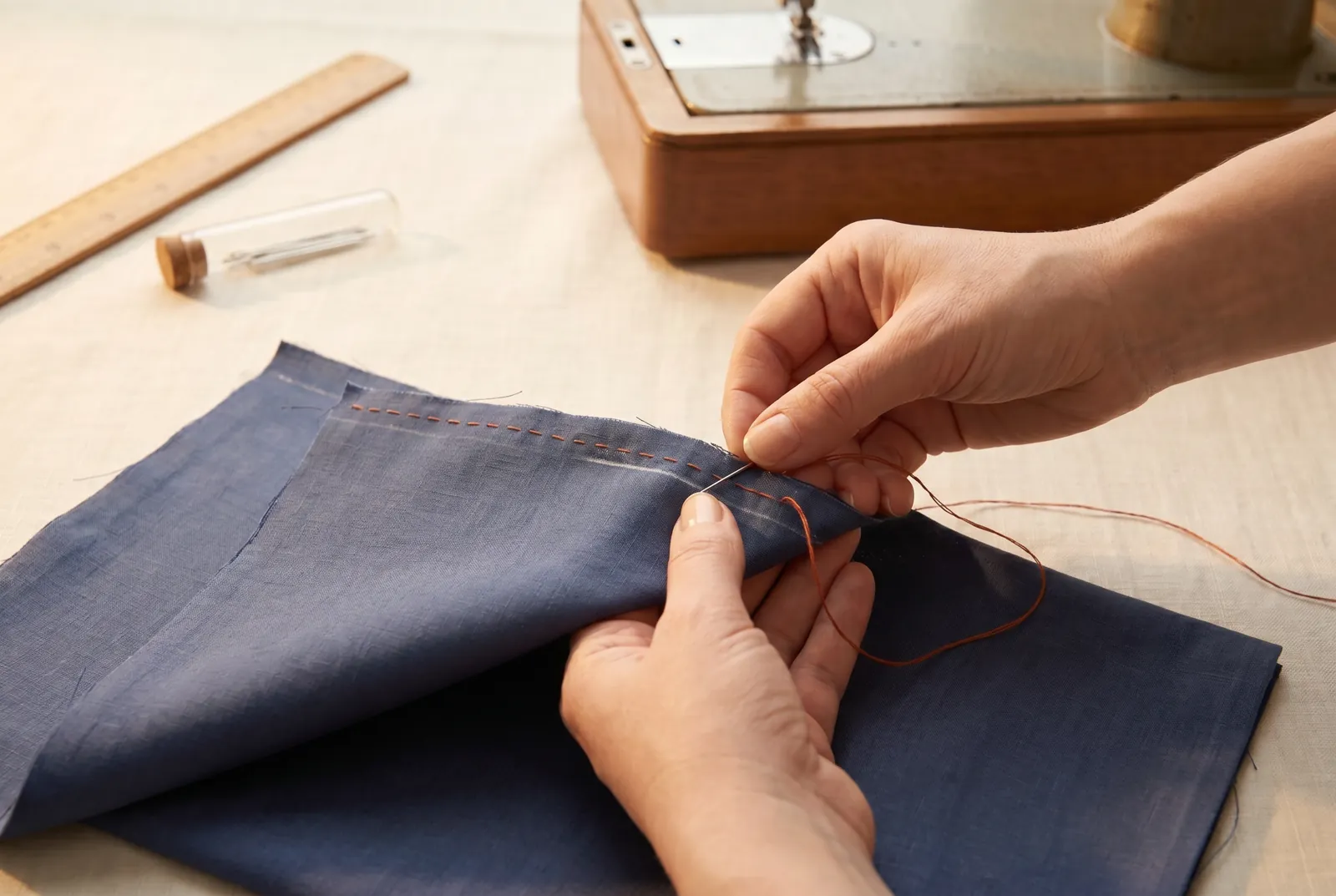 Photo: Place the two pieces together along the marked edges and sew the first seam straight along the 5/8 in (1.6 cm) line.