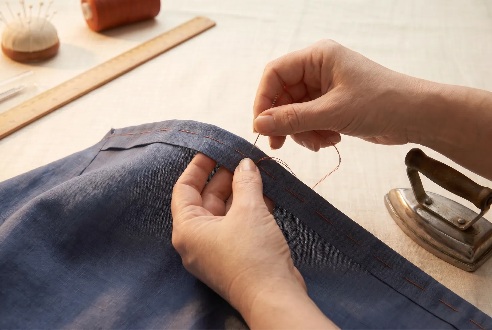 Photo: Sew the second row of stitching along the pressed fold so it catches the fold down flat against the garment.