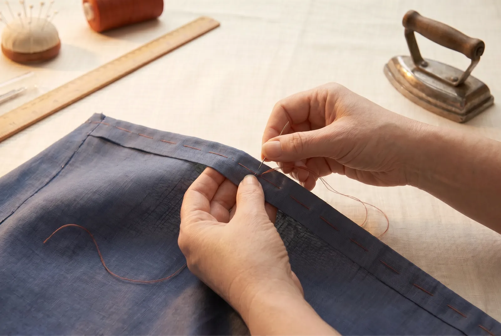 Photo: Finish the thread ends without knots — on flat work a knot wears through, shows under the iron, and works loose in the wash.