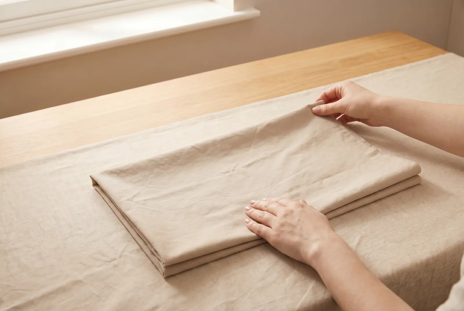 Photo: Fold the rectangle in half right sides together, matching the two overcast edges, so you have a doubled piece 30 x 35 cm with the fold along the bottom.