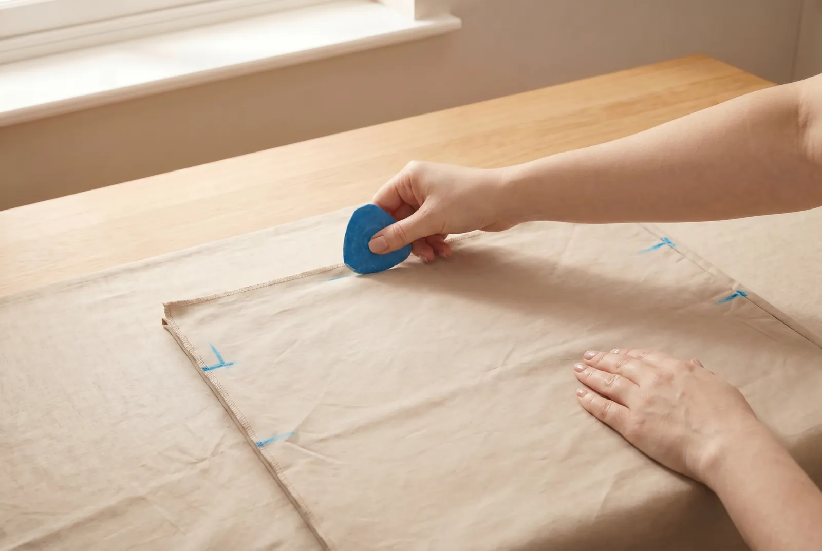 Photo: On each side seam, mark a 3 cm (1 1/4 in) gap that starts 6 cm (2 1/2 in) down from the top raw edge, using tailor's chalk or two pins.