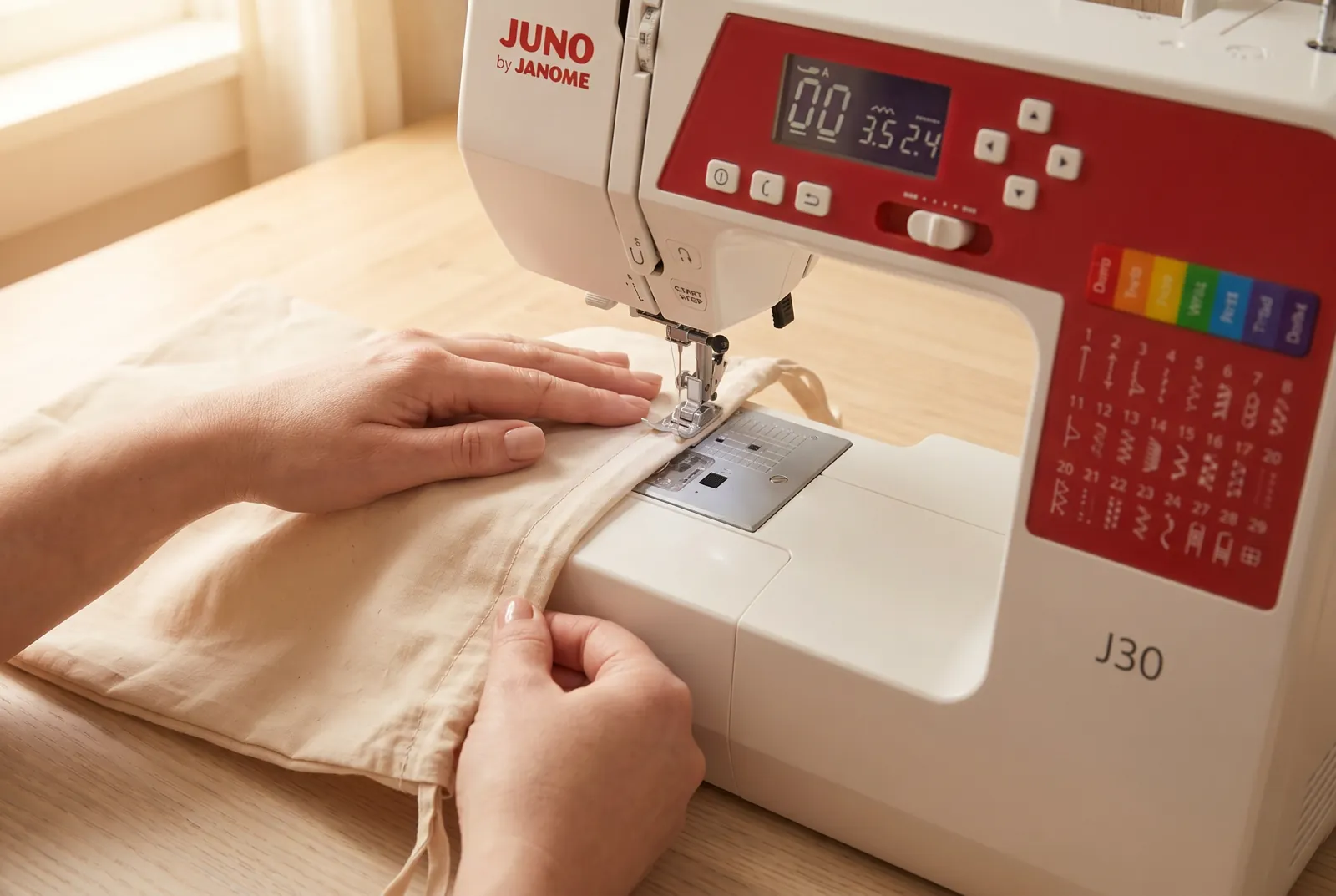 Photo: Edge-stitch the folded casing close to the lower fold, all the way around the bag through both layers.