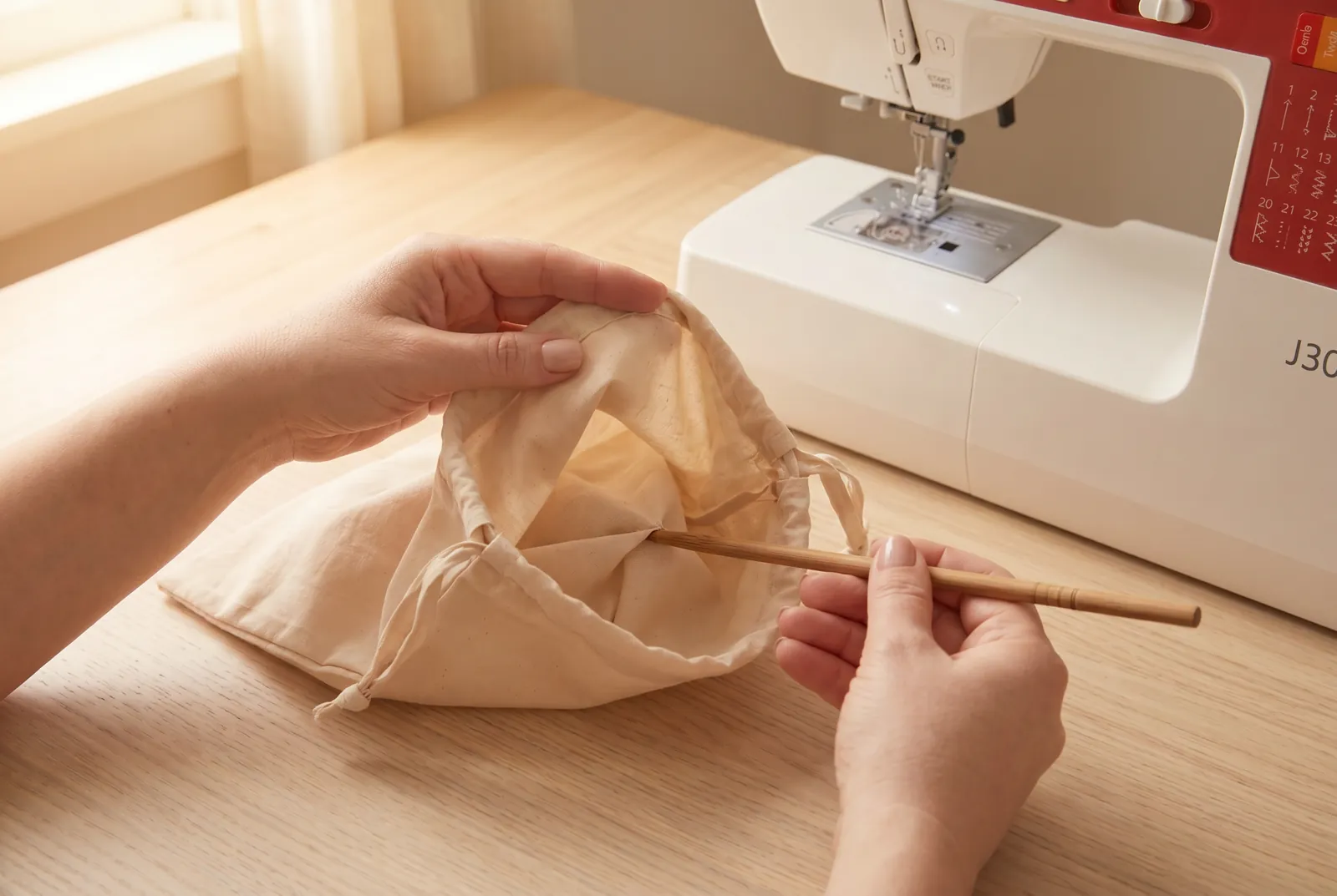 Photo: Turn the bag right side out through the top opening and push out the two bottom corners with a blunt point, such as closed scissors or a chopstick, so they sit…