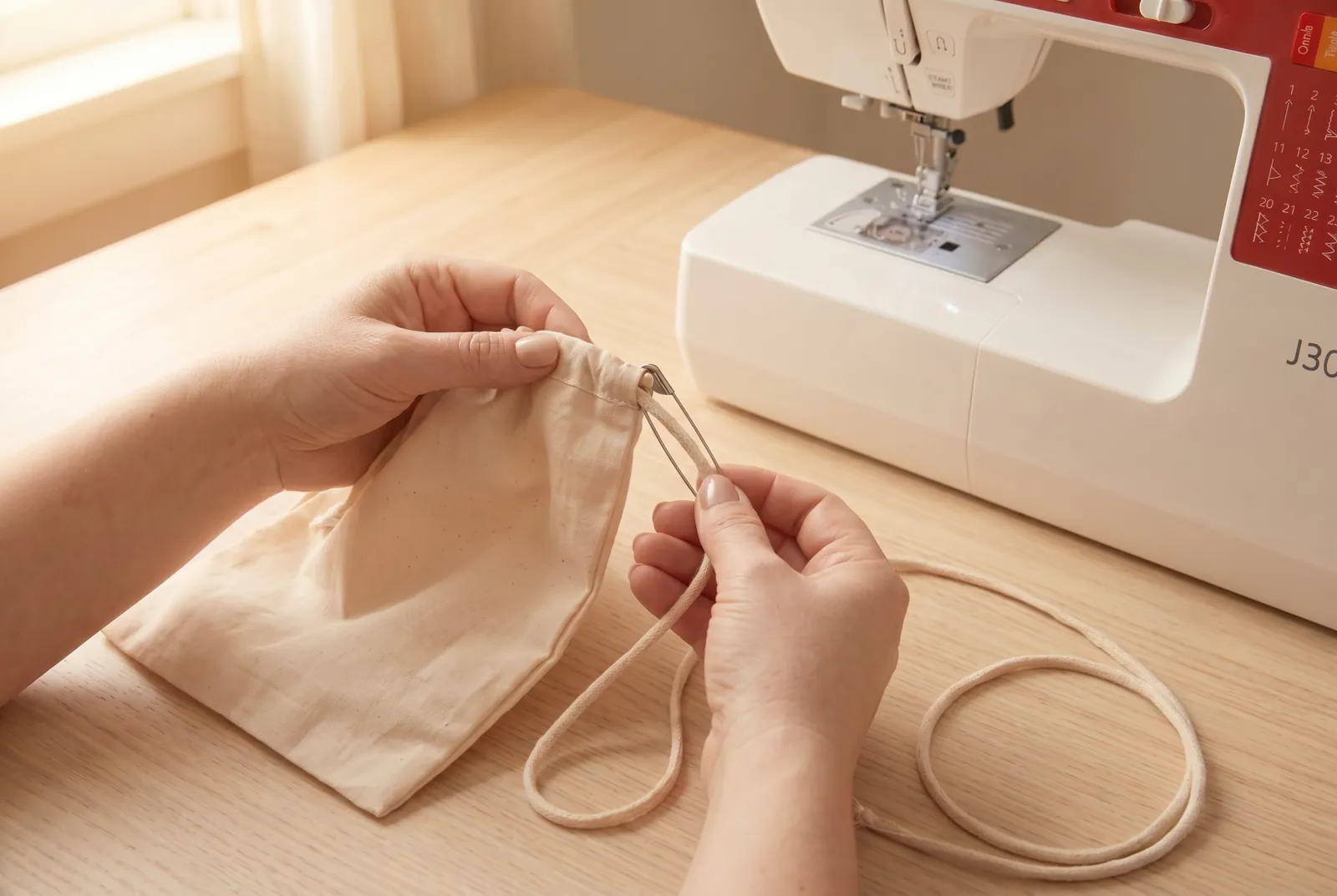 Photo: Thread a 1.5 m (59 in) cord or ribbon onto the safety pin, feed it through one casing gap, all the way around the channel, and back out the same gap; knot the…