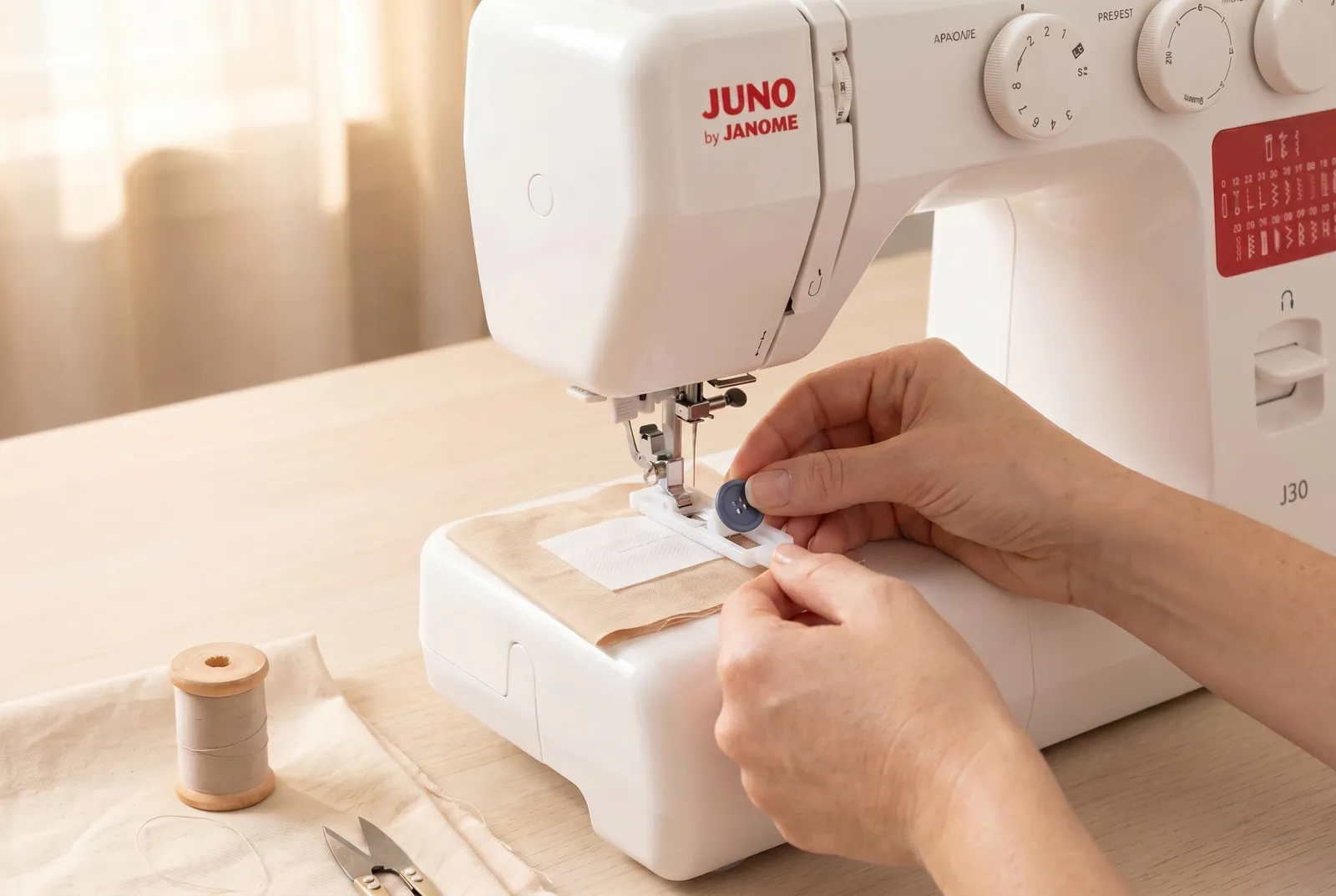Photo: Slide out the button carrier at the back of the foot, drop your button into it, and push the carrier back snug against the button - this sets the buttonhole le…