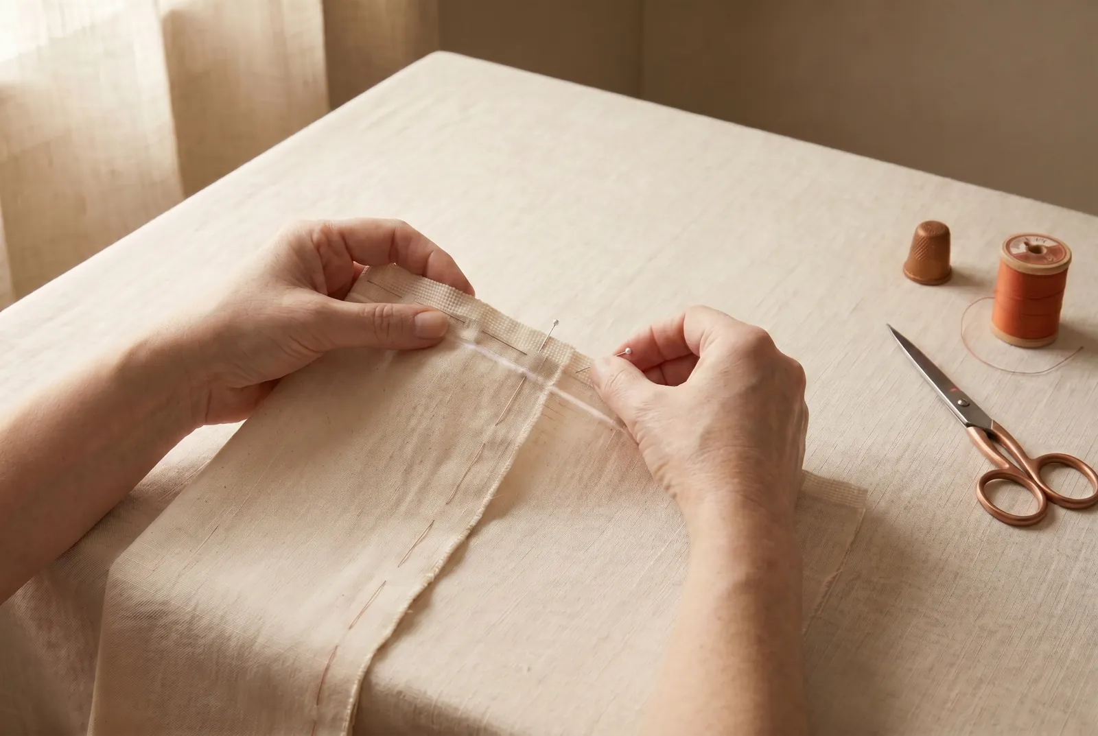 Photo: Lay the two pieces right sides together with the squared raw edges even, and pin along your marked line.