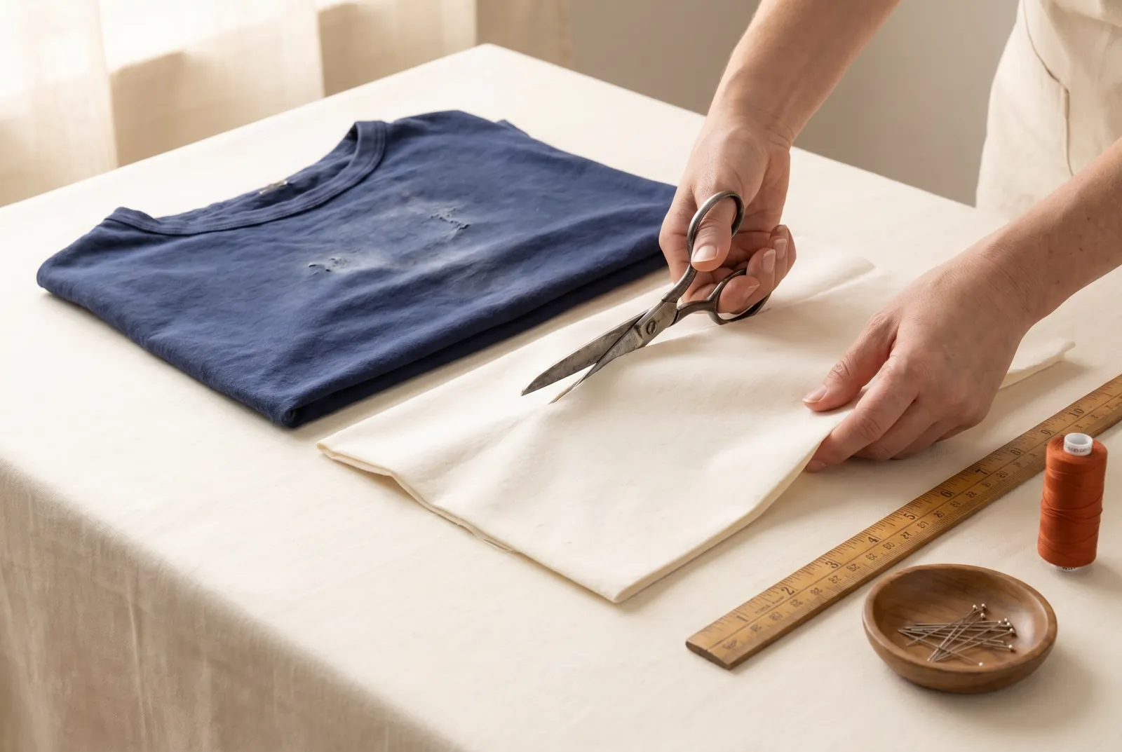 Photo: From your saved-cloth bag, pick a cotton scrap that contrasts with the garment and is the same weight or lighter.